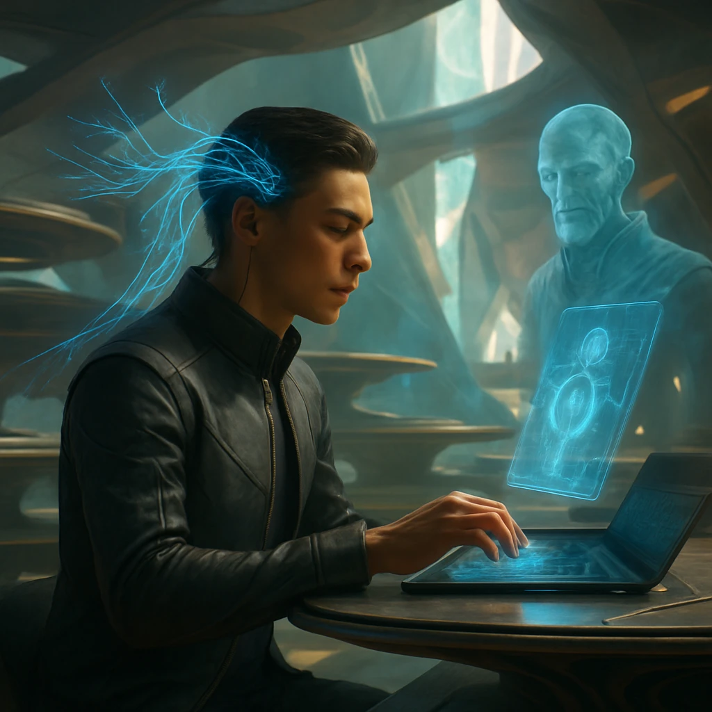 ナクワ繊維が頭部から伸びてホログラム端末につながる若いオルビリス族が、共鳴メンターのガイドを受けながら未来的なワークスペースで仕事をしている様子。