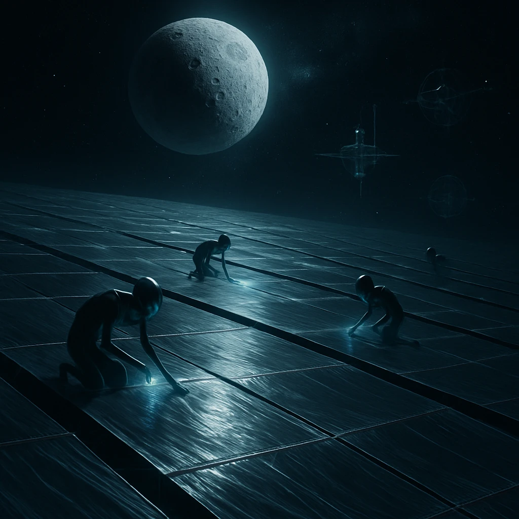 宇宙空間で月光を反射する巨大な薄膜状ソーラーシルクパネルと、それを作業する微かに発光する異星技師たちの様子。