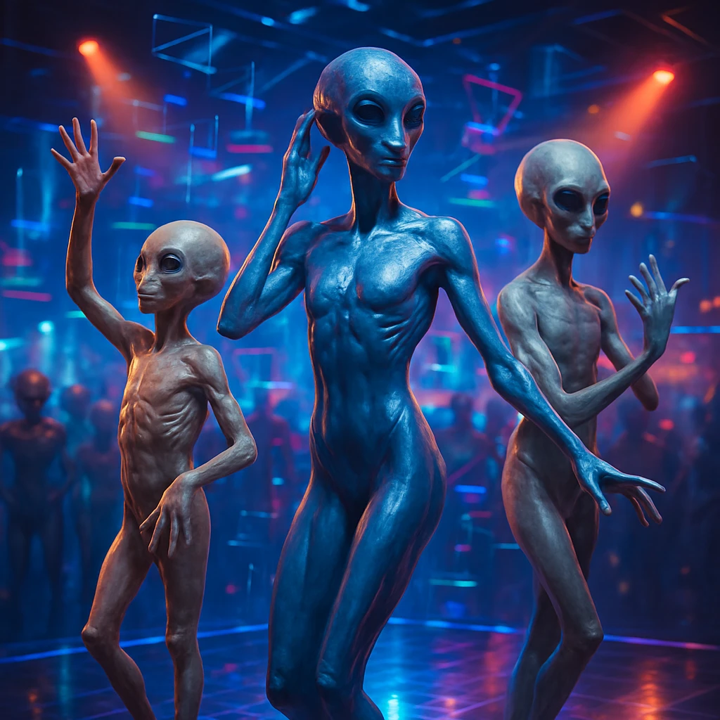 未来的なステージ上で、異なる成長段階の同一エイリアンが重なり合い矛盾したポーズをとる姿が、鮮やかな光とホログラムに包まれている。