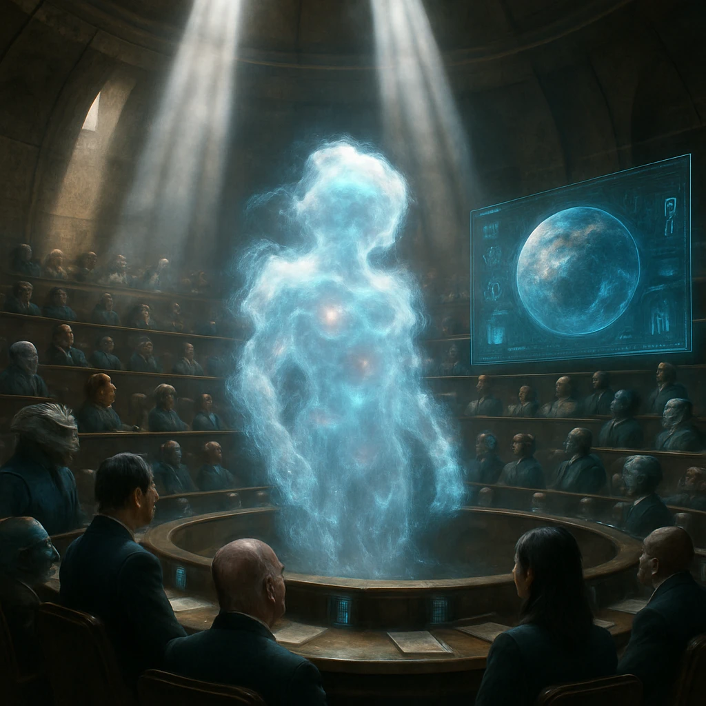 評議会の円卓で、光を浴びた雲状生命体と多様な種族の議員たちが討論している様子。