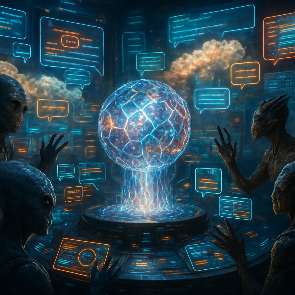 未来的なコントロールルームで、浮遊する光る神器とそれを囲む複数の異種モデレーター生命体が調律作業を行っている様子。