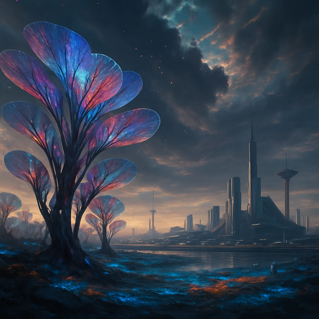 未来都市の外縁に広がる光る共鳴植物と浮遊粒子が照らされる幻想的な風景。