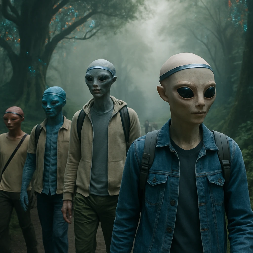 霧が立ち込める深い森の中で、未来的なヘッドバンドを装着した多様な種族が歩き、周囲の巨大な樹木が彼らの存在に反応して光っている様子。