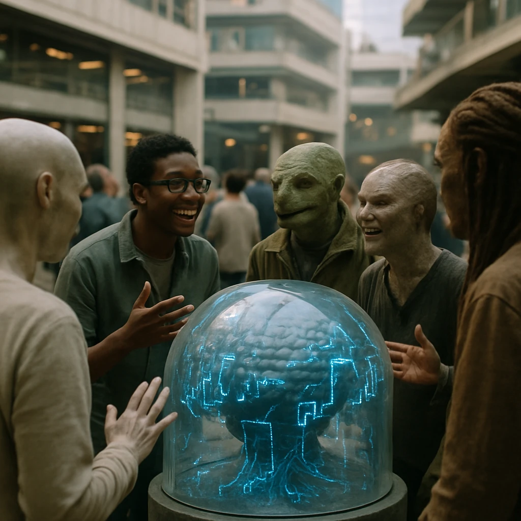 ウズメ商圏の未来的な共同体拠点でAI集積炉を囲みながら議論する多様な住民の実写風写真。