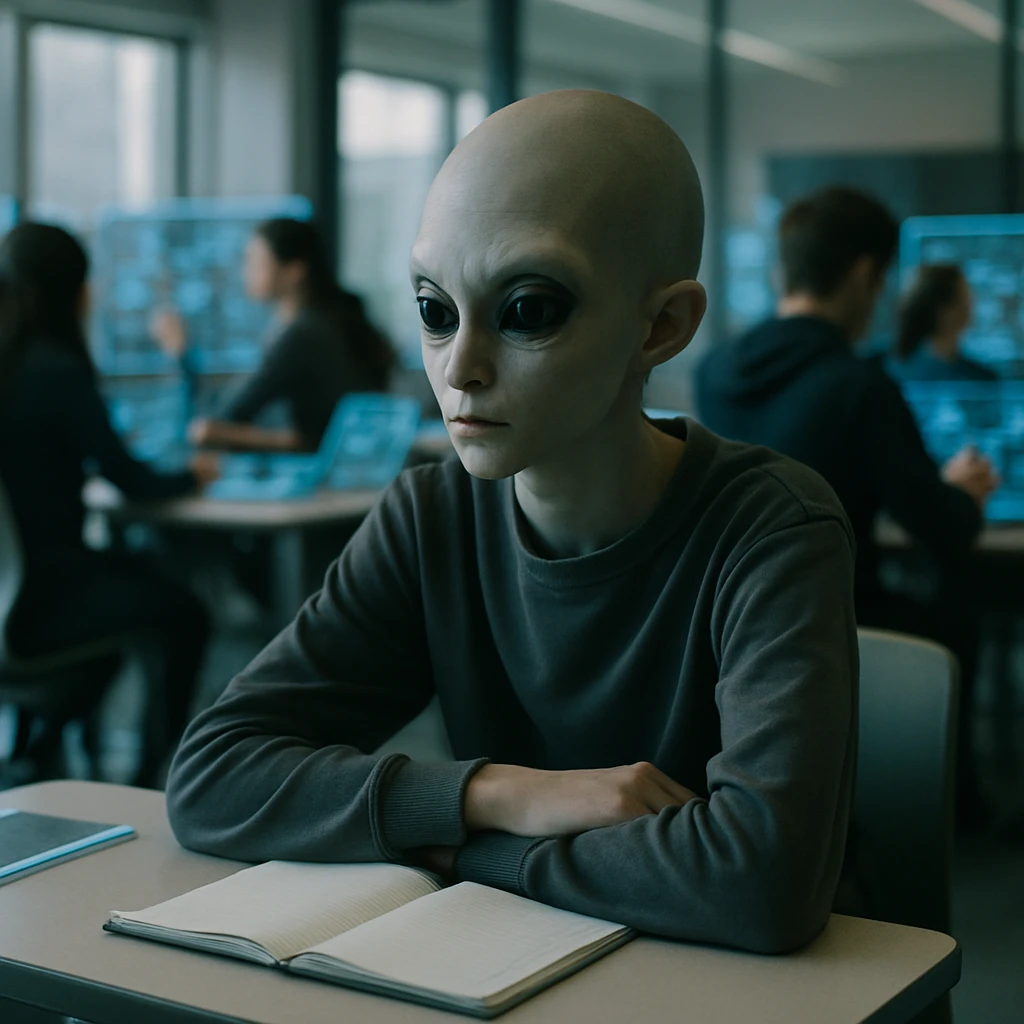 未来的な教室で、異星人風の特徴を持つティーンエイジャーが一人で座っており、まわりの生徒はデジタル画面越しに交流している様子。