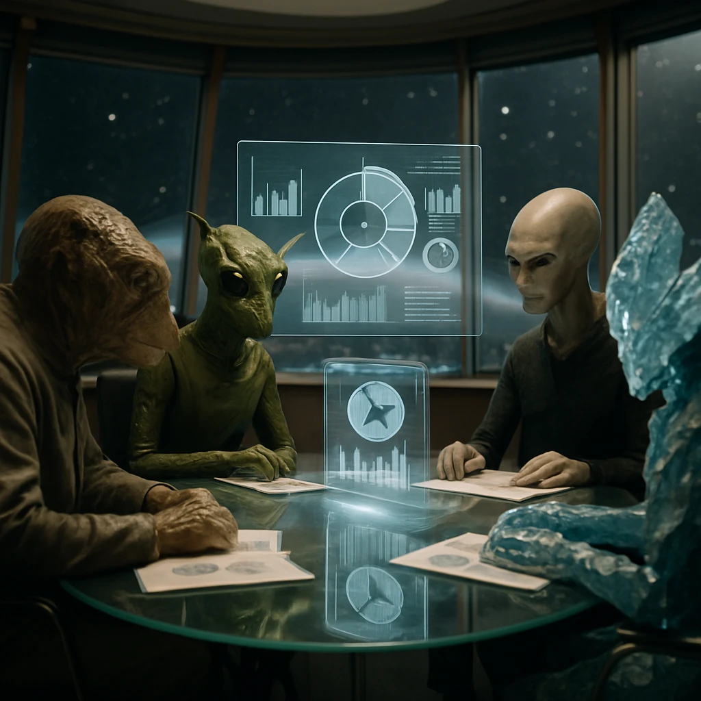 多様な種族が円卓に集まり、ホログラム化された報告書を見つめる未来的な評議会室の写真。