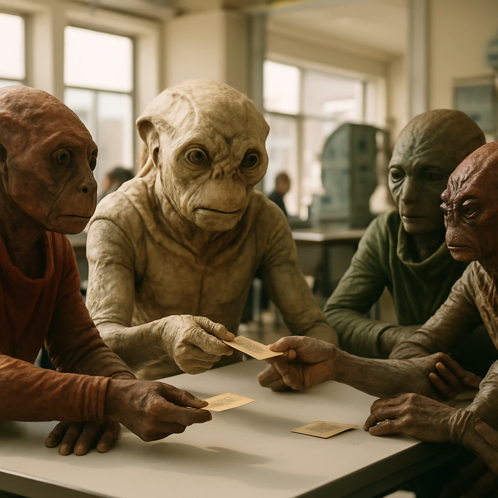 多肢を持つ人型異星人たちがテーブルを囲み、カード状の出産権を交換している様子の写真。