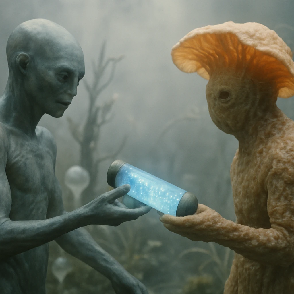 液体クリスタリン大気の下、多様な異星種族がバイオ発光する胞子容器を儀式的に手渡している場面。