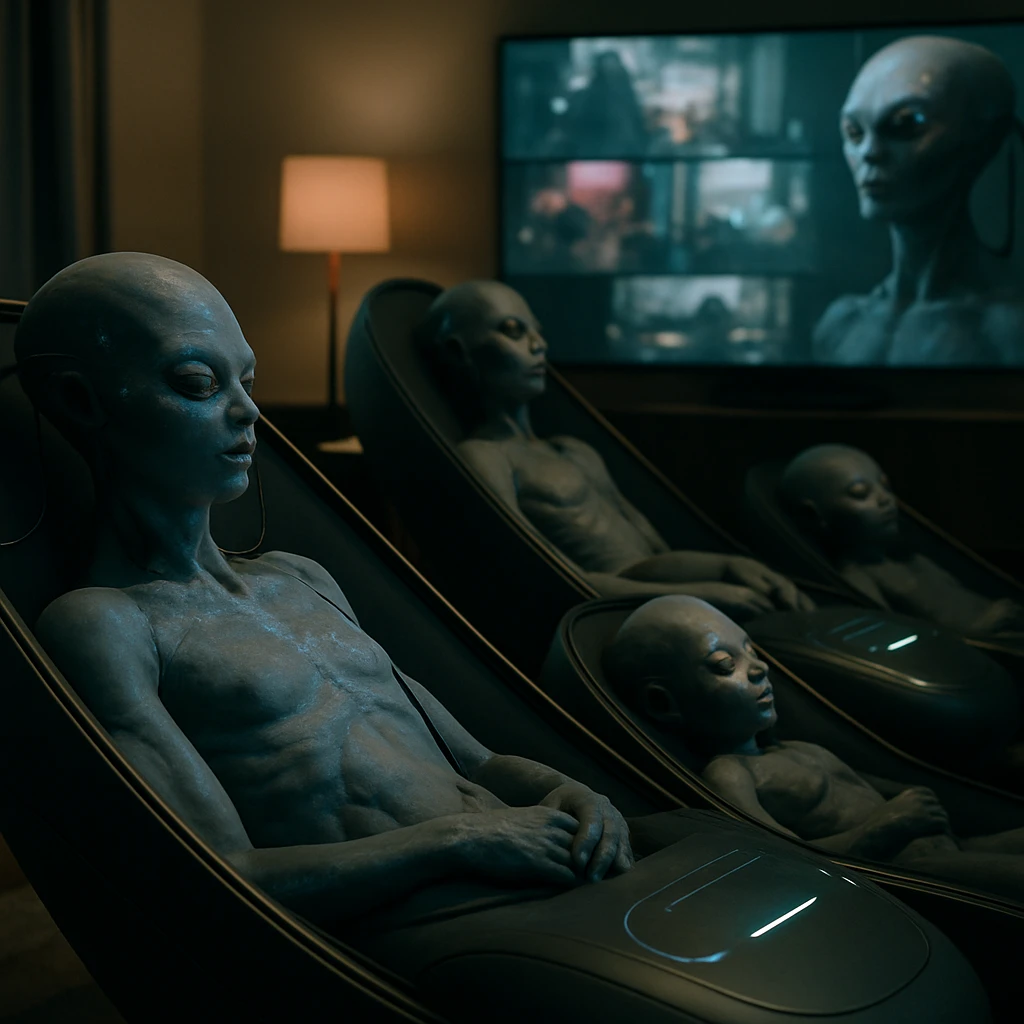 未来的なリビングで異星人の家族が“夢投影ポッド”に横たわり、神経コネクターを頭部に装着して番組を体験している様子。