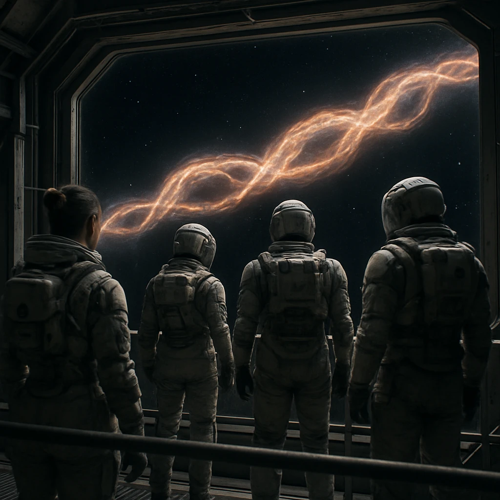 未来的な宇宙服を着た科学者たちが巨大な観測窓越しに遠方の波動銀河路を見つめている場面。