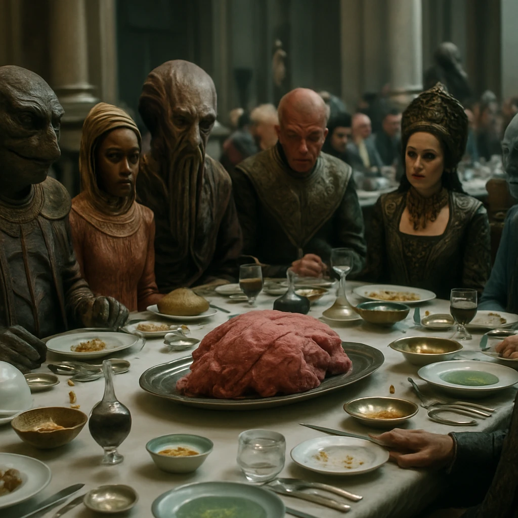 豪華な晩餐会の会場で、多様な来賓が長いテーブルを囲み、中央の主菜だけが調理前の生の状態で置かれている瞬間の写真。