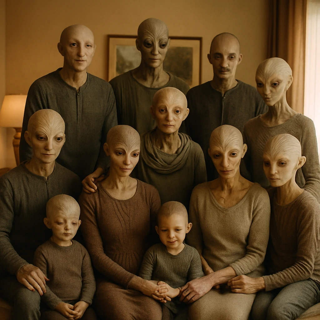 多様な外見や性表現を持つ数人の人物がリビングでくつろぎながら家族のように寄り添う様子の写真。