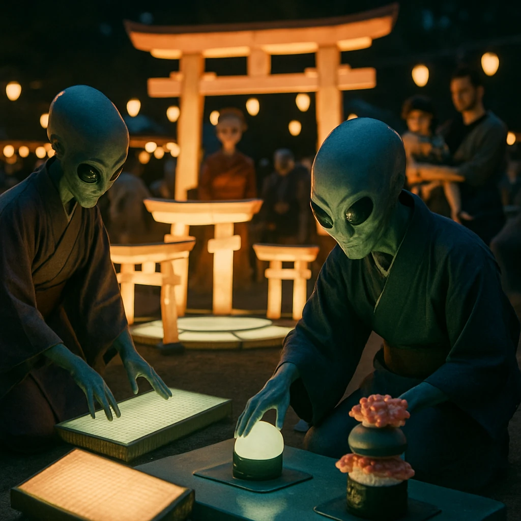 円形に並んだ光る鳥居と畳風床の上で儀式服姿のヒカリ星人たちが寿司体験装置を囲む未来的な祭典の様子。