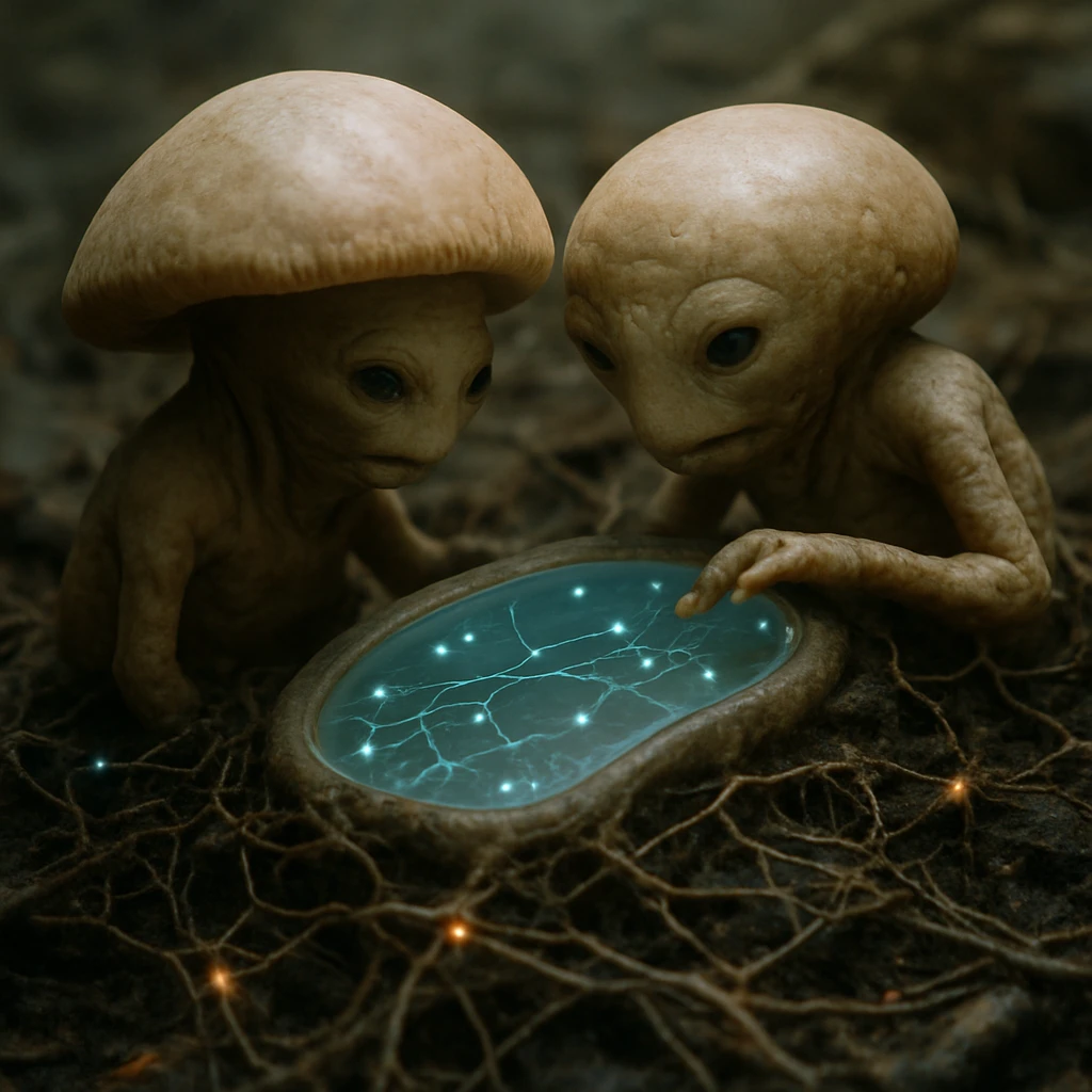 粘菌型知性体が菌糸ネットワークに埋め込まれた有機的なダッシュボードを囲んでいる様子のドキュメンタリー風写真。