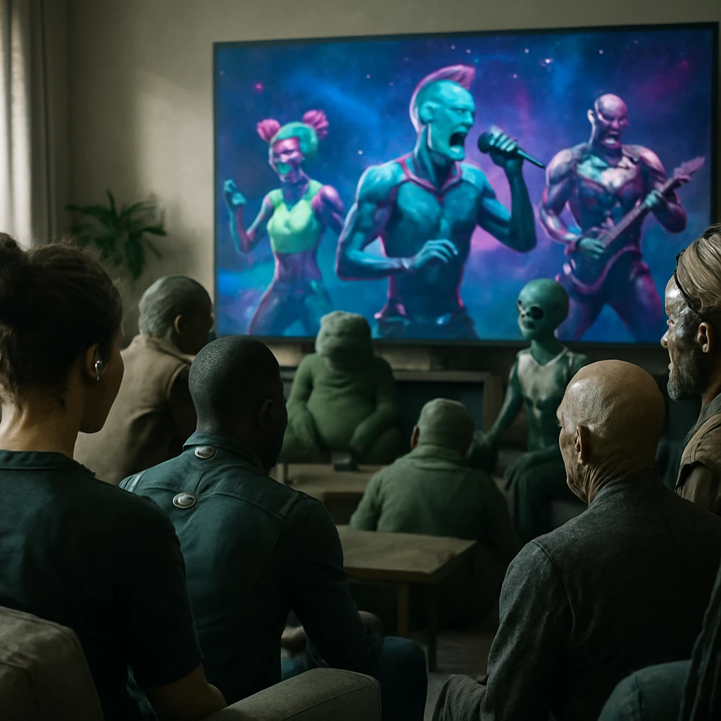 複数の種族や文化の人々が未来的なリビングで、大型ホログラフィックスクリーンのライブイベントを熱心に視聴している様子。