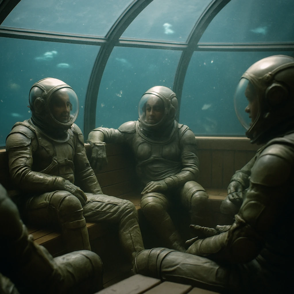 ガラスドームの海底サウナ室で水圧スーツを着用した humanoid たちが寛いで談笑している様子。