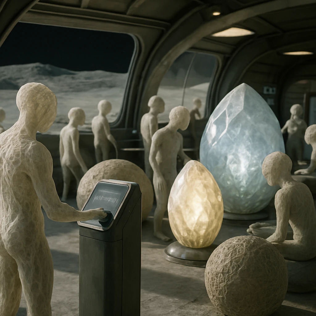 月面の拠点にて集団で活動している半透明の菌糸状存在と結晶殻、ナノ繊維球が自然に溶け込む風景の写真。