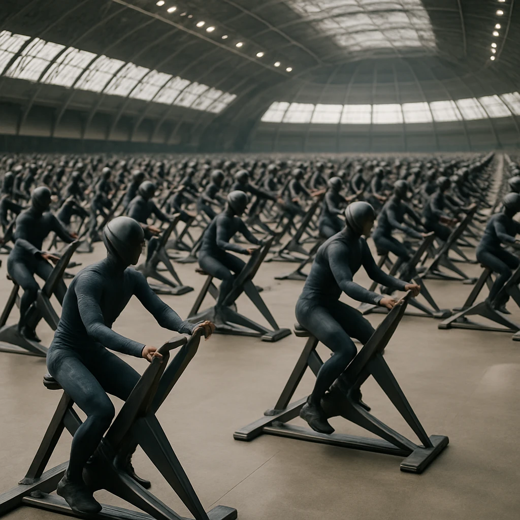 未来的な大きな運動ドームで、多数の人型アスリートが同じ動作で大型マシンを操作している様子の写真。