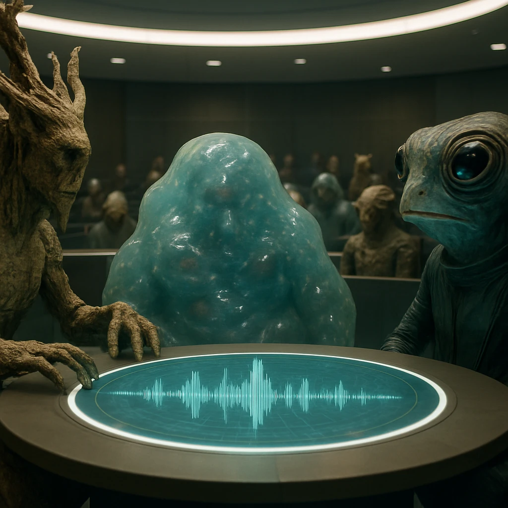 異種族のメンバーが円形の発光テーブルを囲み、中央の波形ホログラム装置を見つめて会議を行っている未来的な会議室の写真。