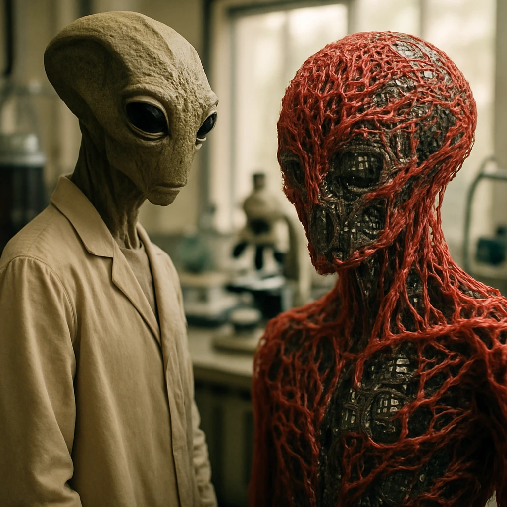 異星人クラオーン族の研究者が、有機的な神経組織と金属質なAIコアが交じり合った装置の隣に立つ実験室内のリアルな写真。