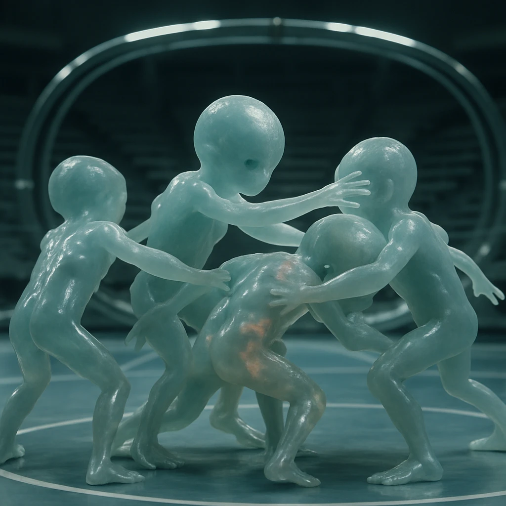 透明で流動的な多肢の若い生命体たちが近未来的な競技場で互いに接触しながら競技している写真。