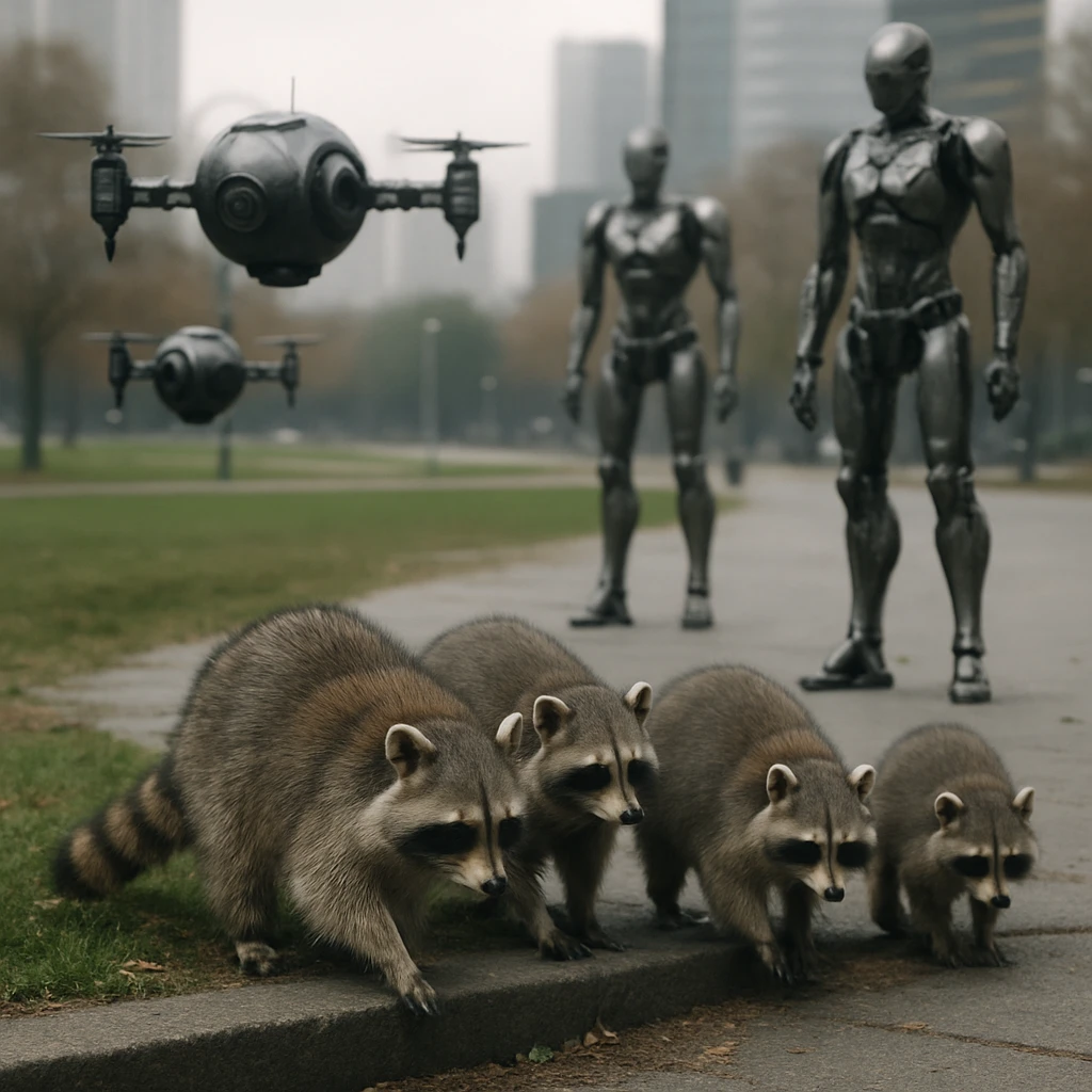 未来的な都市公園の端でアライグマがいる様子と、近くで監視するパトロールドローンや機械生物が写る写真。