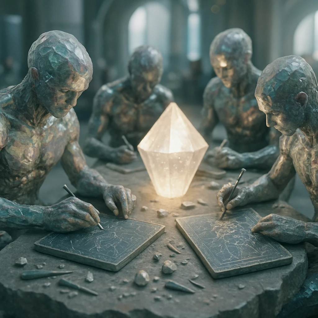 多層構造の水晶体 humanoidたちが発光するクリスタルテーブルを囲み、星図を彫刻している様子のリアルな写真。