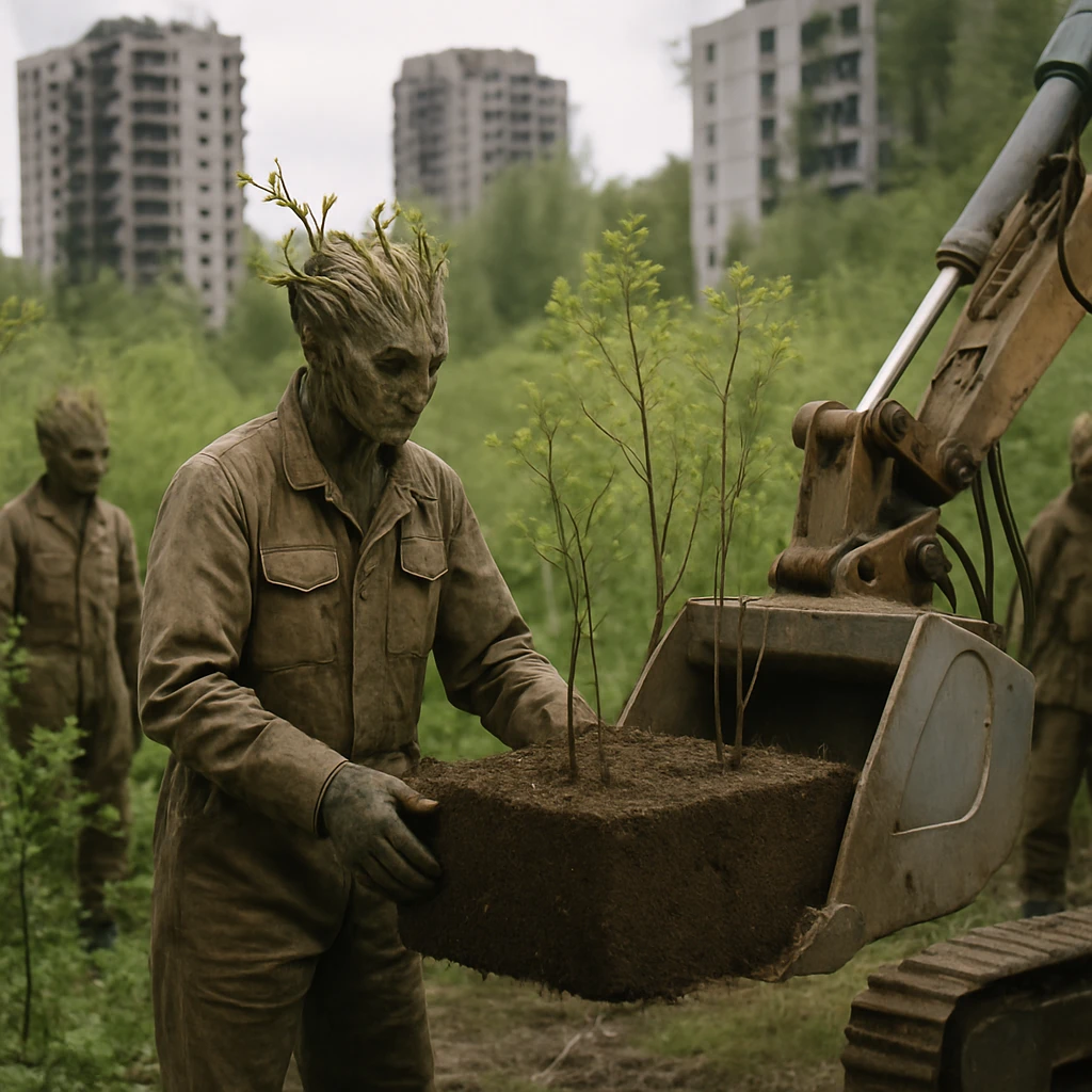 老朽化高層ビルと新たな森が共存する都市の縁で、植物型のインクルート種族の作業員たちが土壌ブロックを運搬する様子。