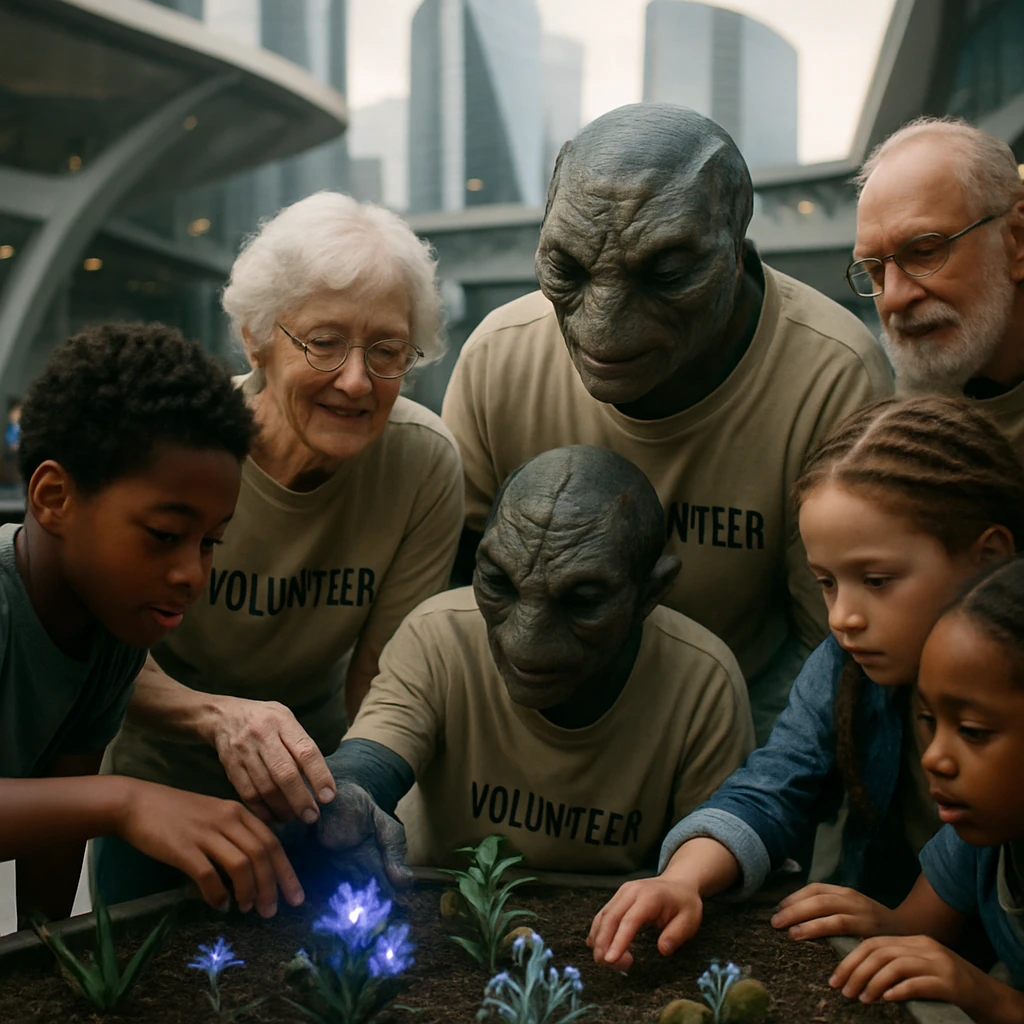 未来的な都市広場で多種族の子供と高齢者が小さな庭の発光植物を囲み観察している写真。
