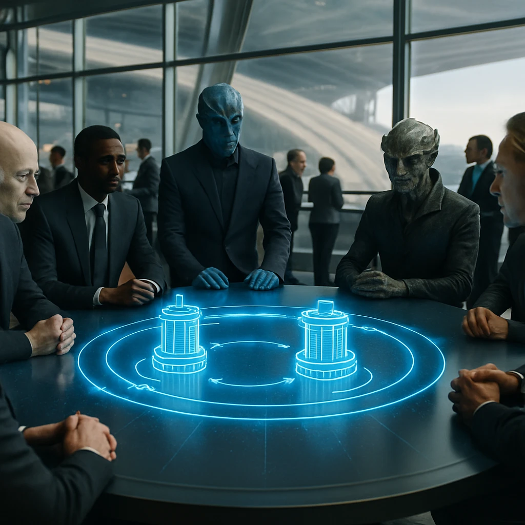 宇宙都市の会議室で複数の種族の代表者たちが円卓を囲み、発光するホログラム資料を真剣に議論している写真。