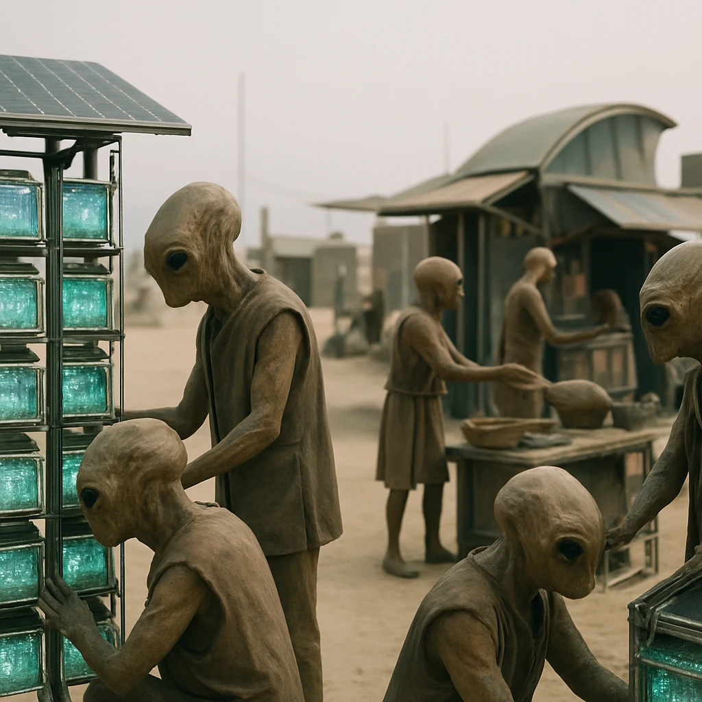 砂漠化した惑星でヴェリビアン族の農民が発光する胞子培養棚と太陽光パネルを手入れし、リサイクル素材の市場で交流する様子の実写風写真。