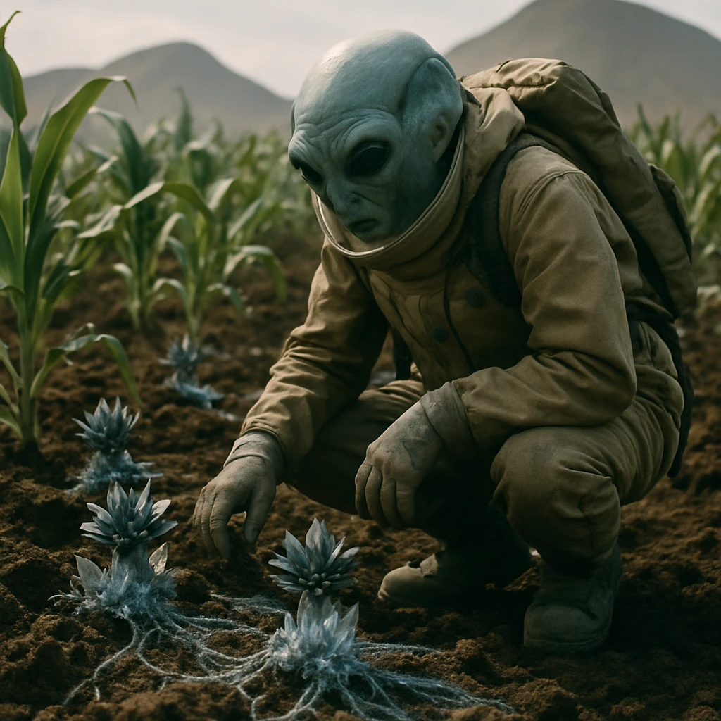 異星の生体農地で作物の根元に金属質の花状鉱物が出現し、調査員が防護服で現場を調査している様子。