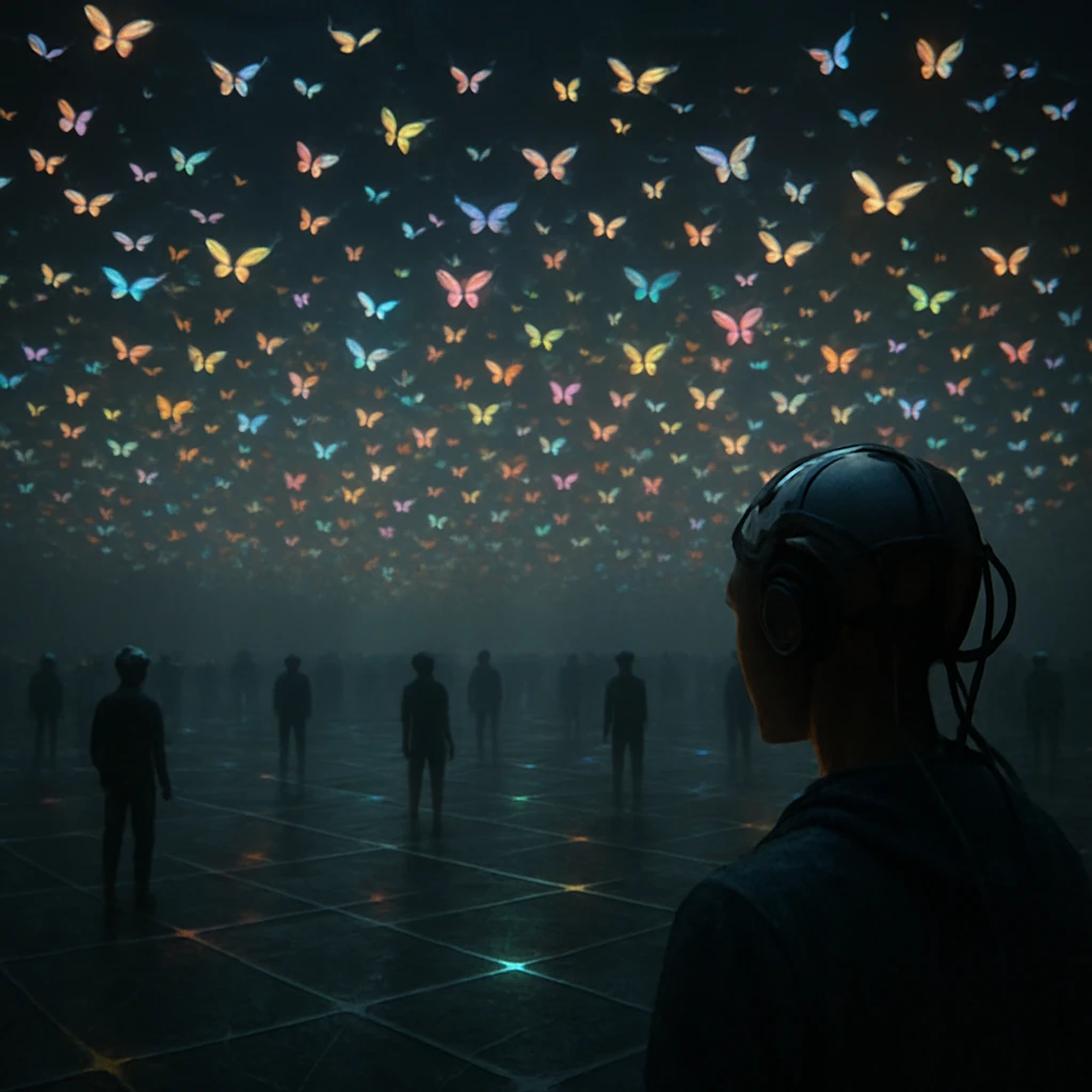 無数の発光する蝶のような生物が暗いコンサートホールの空間を群れ飛び、その下で神経装置をつけた観客が見守る様子のリアルな写真。