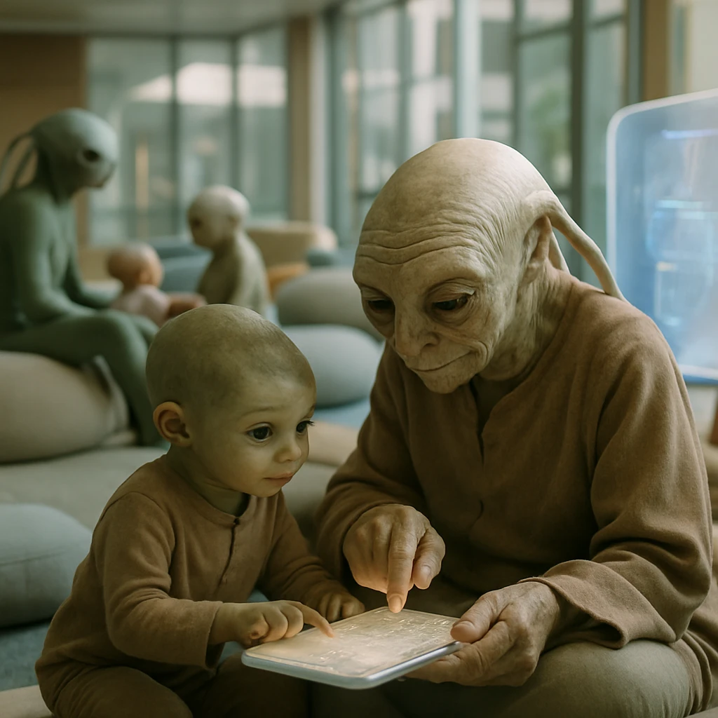 近未来的な室内で、異種族ケロファイの高齢者と幼体が一緒に遊戯デバイスを操作し、周囲に多世代のケロファイが交流する様子の写真。