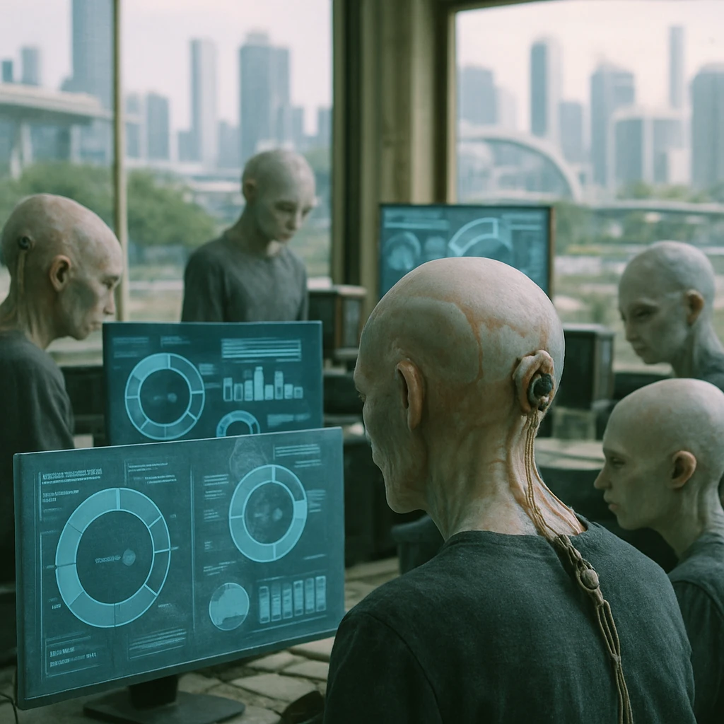 ズォルヴィアンたちが半透明な生体インターフェースを身につけ、都市管制室でホログラムデータを監視する様子の実写風写真。