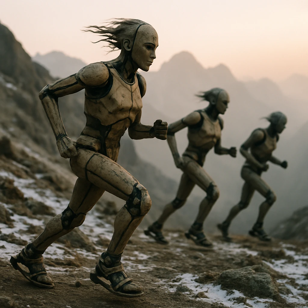 雪が残る険しい山の尾根を特殊なサンダルを履いて走る複数の人物の写真。