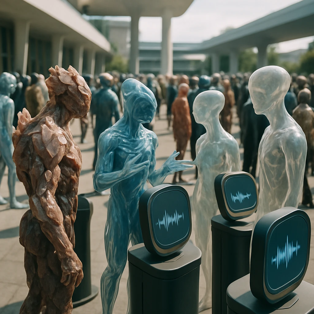 未来的な広場で三種族の異星人市民が音響AI端末を囲み議論している写真。