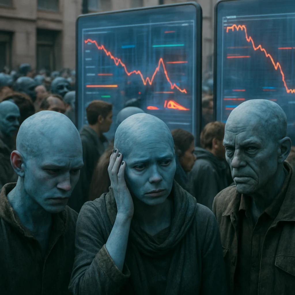 異星人シュリド族の市民たちが都市広場で不安そうに透明なデジタル資産表示スクリーンを見つめる様子の写真。