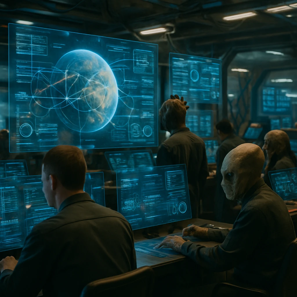 宇宙ステーション内の管制室で人間と異種族の作業員がホログラム状のデータディスプレイを操作している場面のリアルな写真。