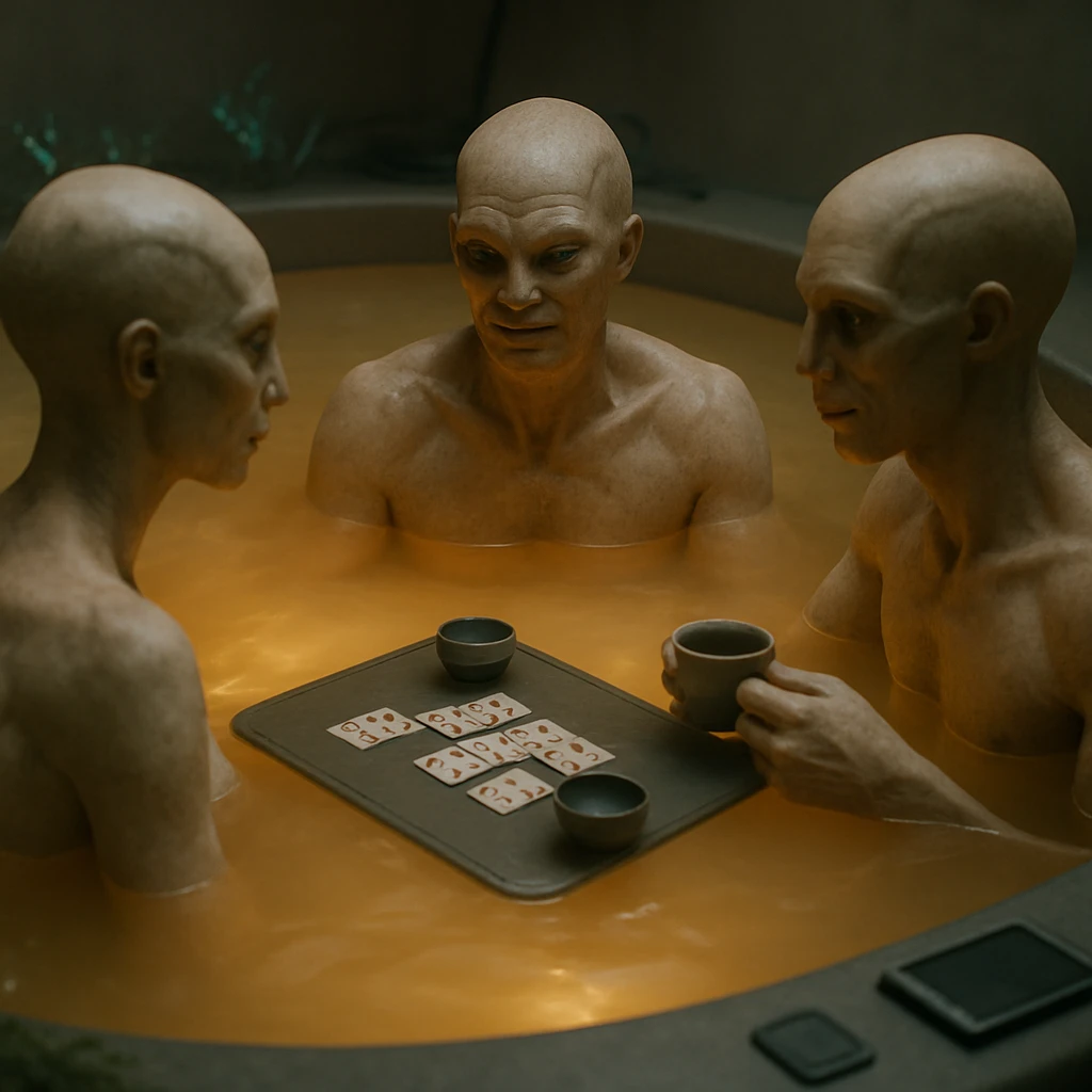 青白く発光する浴槽内でカードゲームと茶道カップを囲む3人の人型研究者たちのリアルな写真。
