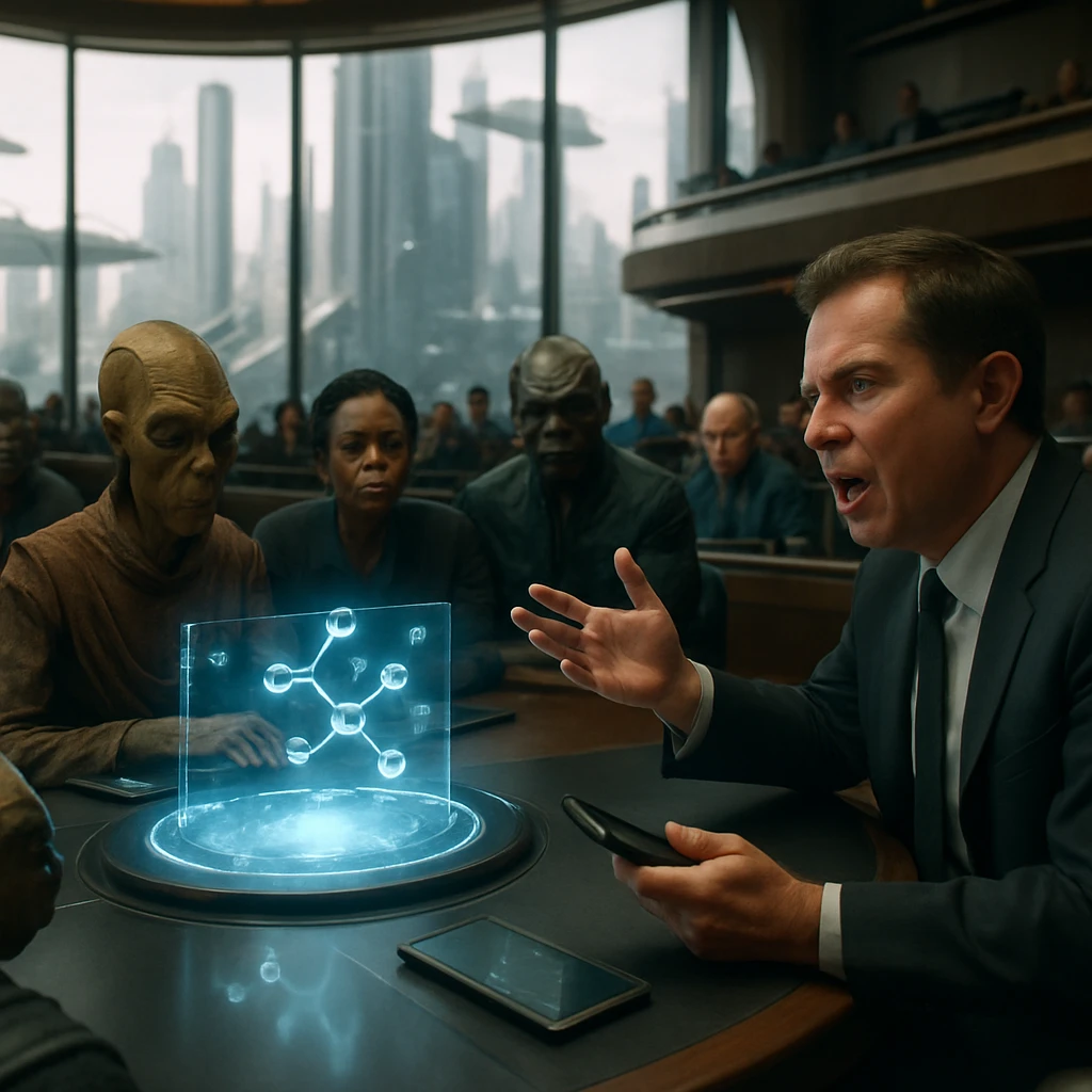 未来的な議場で多様な評議員たちがホログラムを囲んで討論している写真。