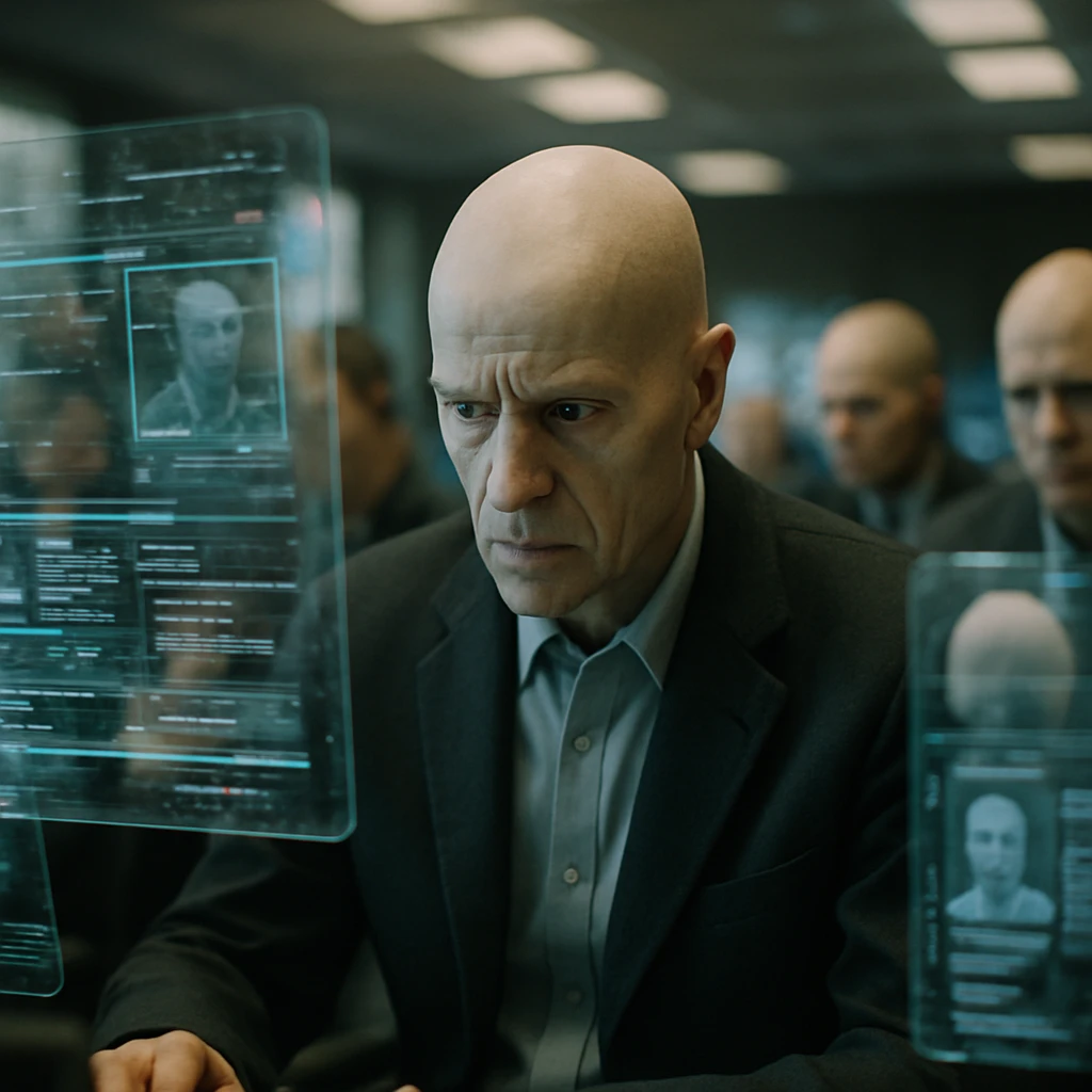 近未来的な管制室で複数の人物型職員が浮かび上がるデータ画面やIDホログラムを真剣な表情で監視している写真。