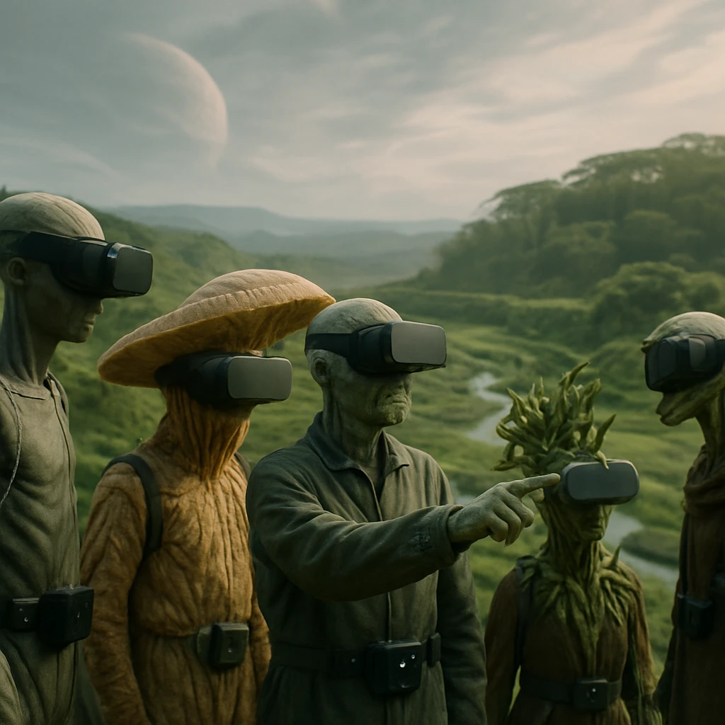 複数の異星種族がVR機材を装着して棚田状の緑地を臨み、仮想体験を楽しむ様子の写真。