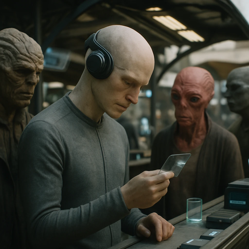 未来的な市場で透明なデジタルカードを手にした異星人が思索的な表情で立つ様子の写真。