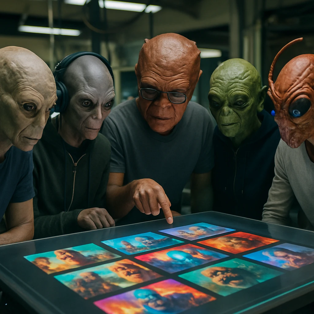 異なる種族のYouTuberたちが未来的なスタジオでホログラムサムネイルを囲みながら共同編集している様子の写真。