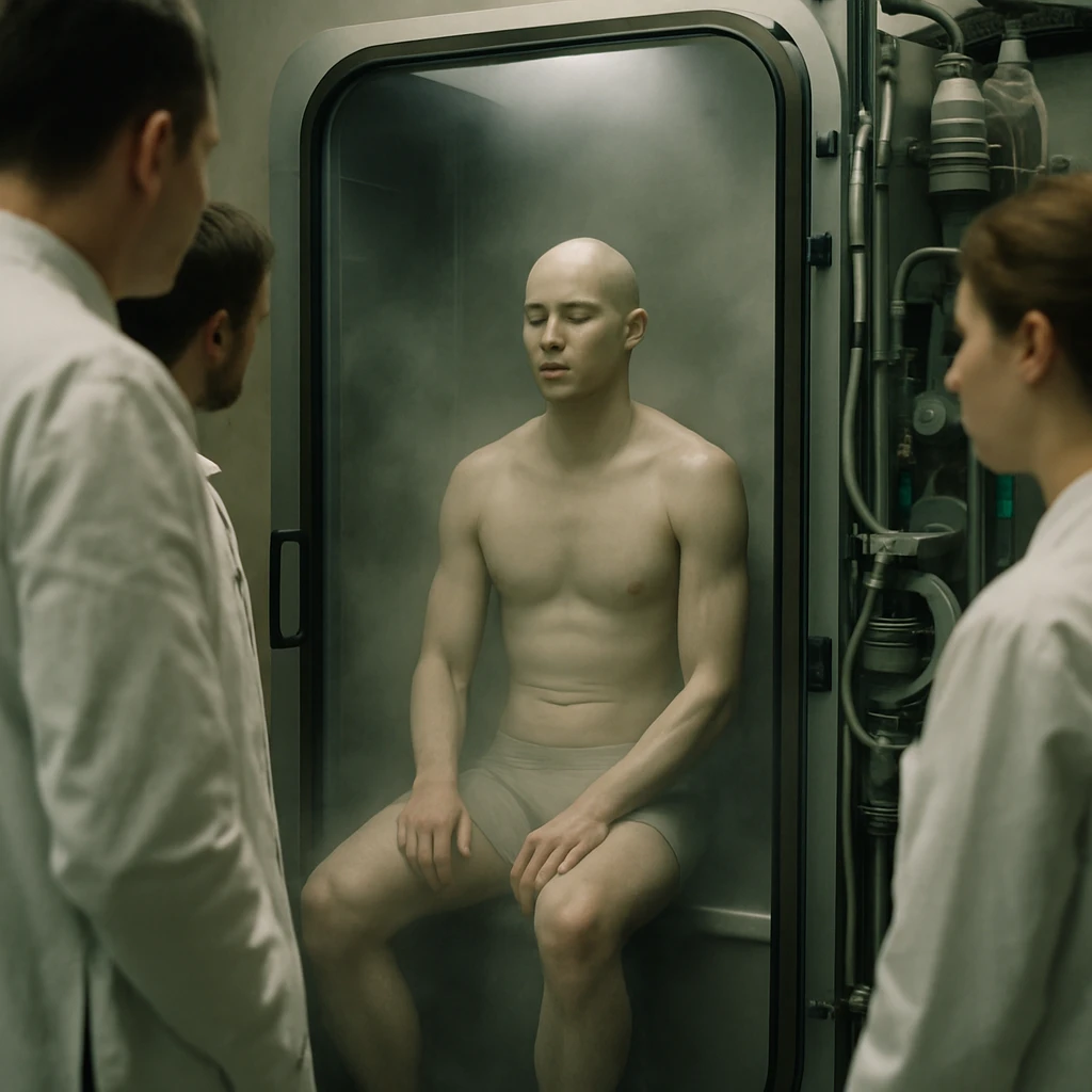 未来的なラボで研究者たちが先進的なサウナ装置に座る被験者を観察している様子の写真。