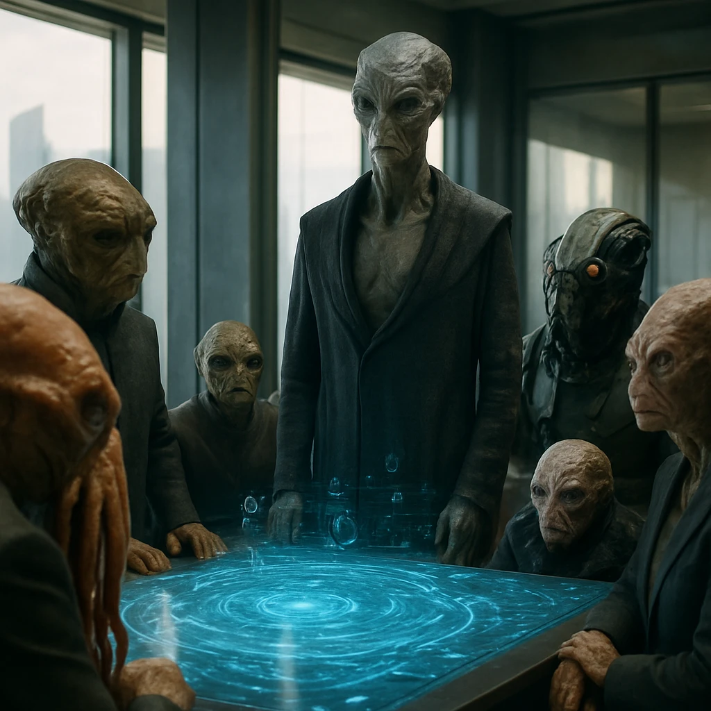 多様な姿の異星人が集まった先進的な会議室で、新リーダーが発表されている場面の写真風画像。