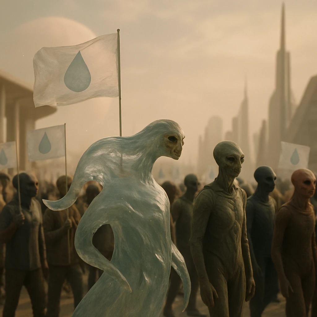 様々な異種族が集い、水の権利を訴えるデモをしている未来的な都市広場の写真。