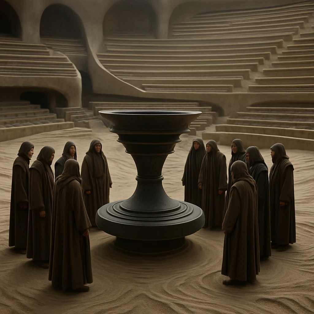 砂丘の地層が広がる巨大な議場で、複数の人々が中央の共振器を囲んで立っている様子。