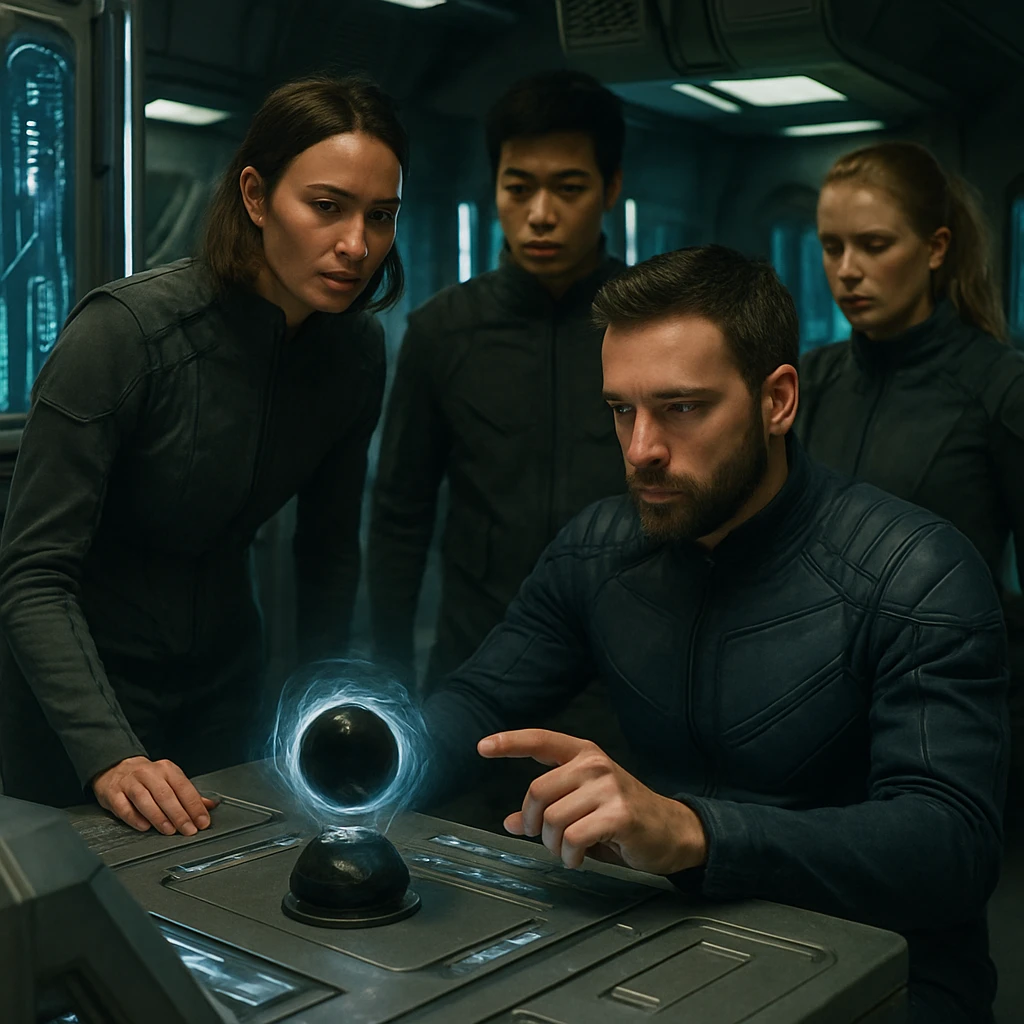 未来的な衣装を着た参加者たちが、黒い球体のような謎の装置を囲んで脱出ゲーム会場で調べている様子の写真。